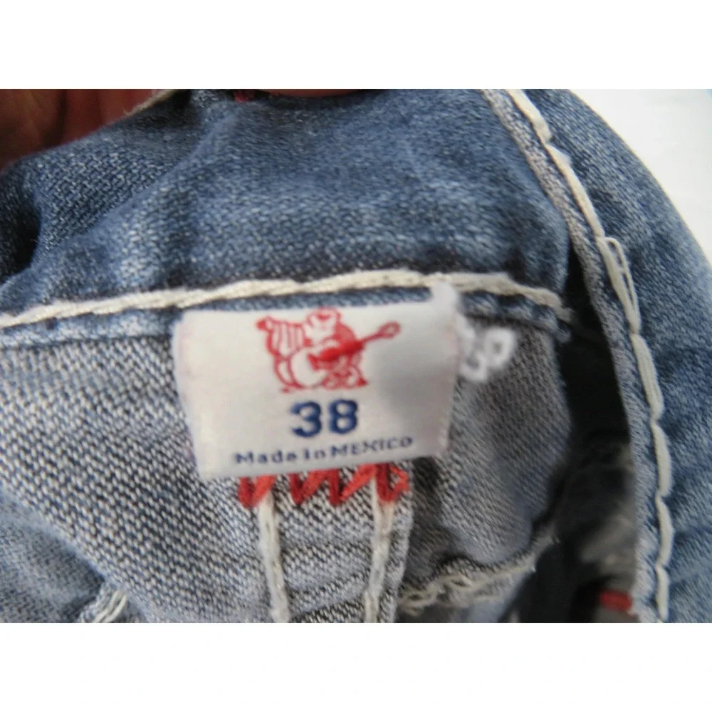Vtg True Religion Red Super T Jeans Mens 38x34 Thick Stitch Flap Pockets Blue